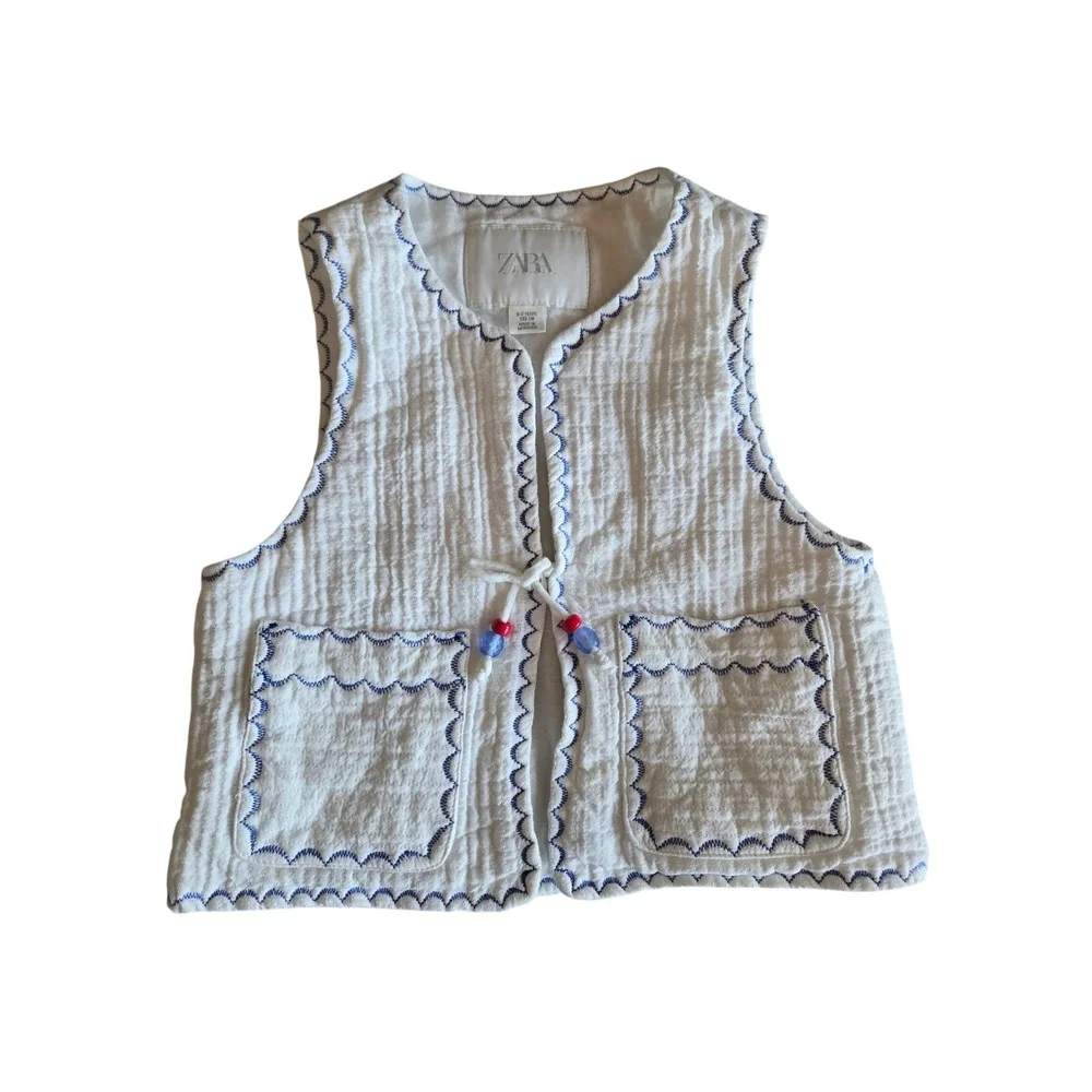 Zara Girls White Quilted Cotton Vest Blue Scallop Beaded Size 6-7Y‎ Coastal Boho